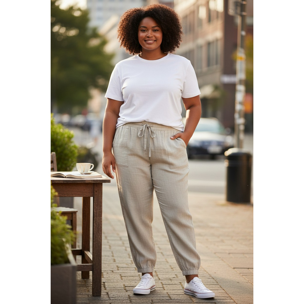 5180) Rafaela Plus Women Tan Pullon Linen Breathable Jogger 3X